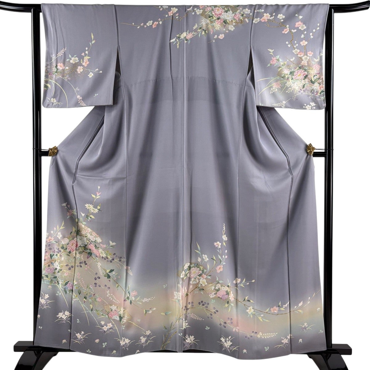 美品】 訪問着 身丈161cm 裄丈63.5cm S 袷 扇面 草花 金彩 ぼかし 灰色