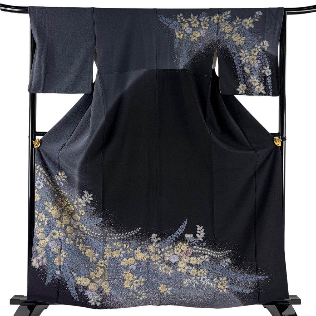 訪問着 身丈163cm 裄丈68cm L 袷 草花 金銀彩 ぼかし 深緑 正絹 秀品