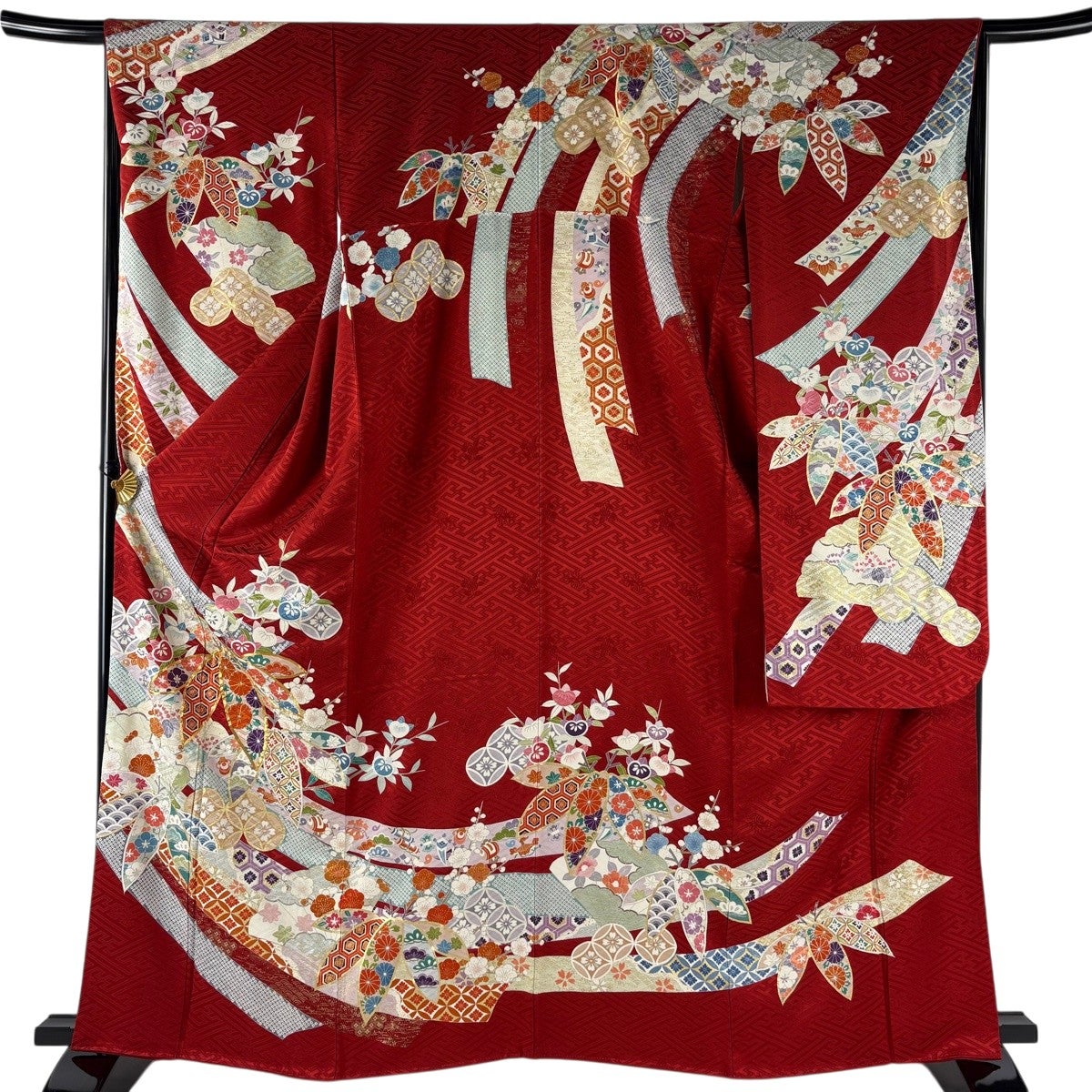 振袖 身丈164cm 裄丈66cm M 袷 松竹梅 七宝 金糸 金銀彩 赤 正絹 名品