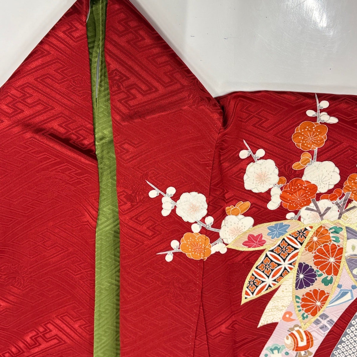 振袖 身丈164cm 裄丈66cm M 袷 松竹梅 七宝 金糸 金銀彩 赤 正絹 名品