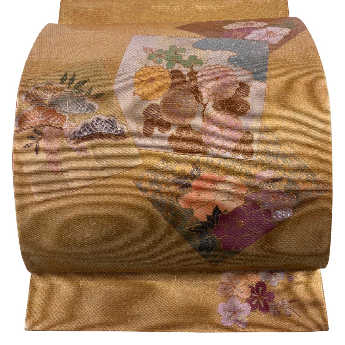 袋帯 秀品 色紙 草花 箔 金銀彩 オレンジ お太鼓柄 正絹｜中古・古着