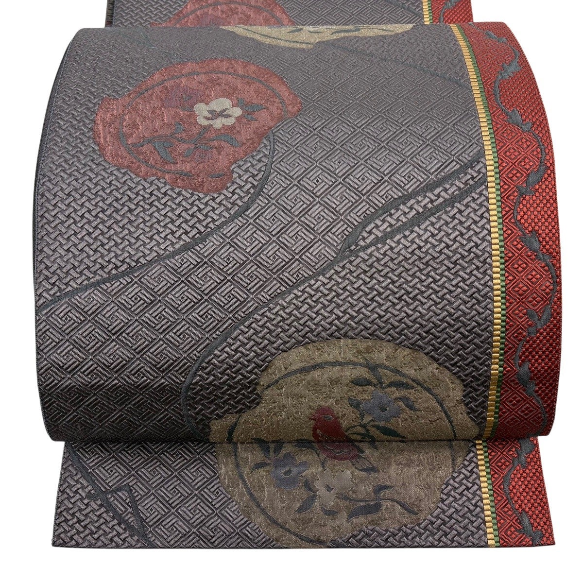 名古屋帯 秀品 八寸名古屋帯 松葉仕立て 草花 花鳥 灰紫 正絹｜中古