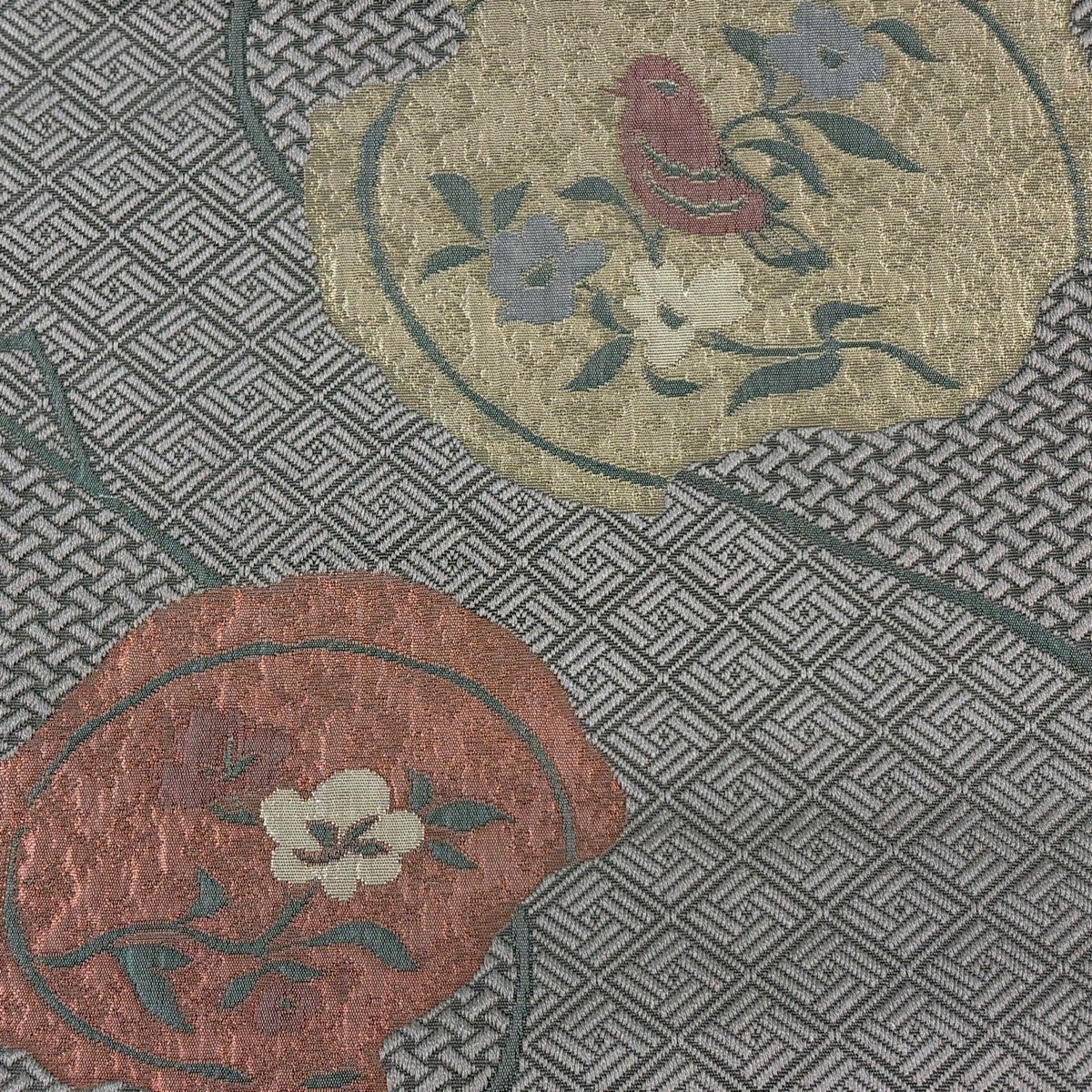 名古屋帯 秀品 八寸名古屋帯 松葉仕立て 草花 花鳥 灰紫 正絹｜中古