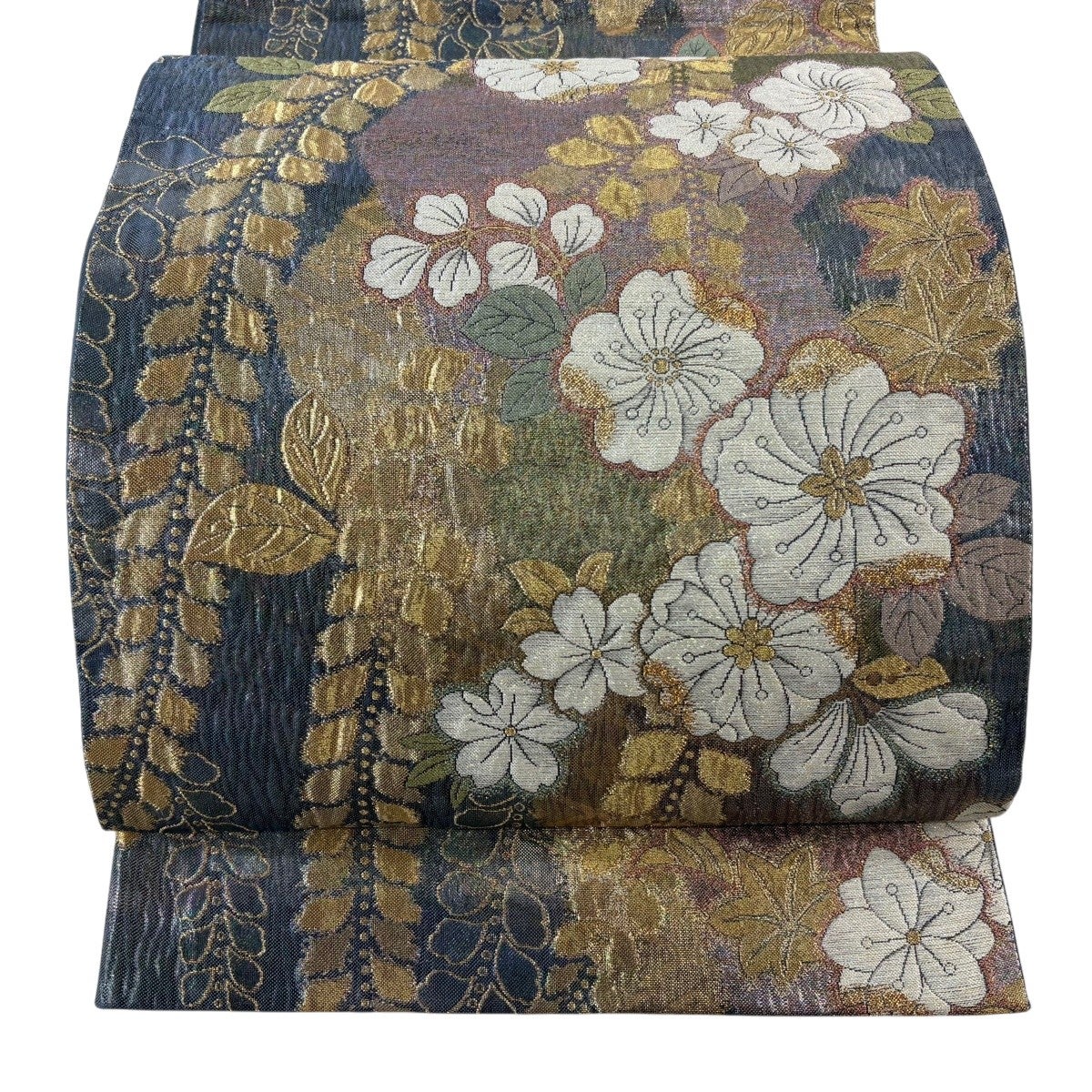 総刺繍　金駒刺繍　品のある花　袋帯　お太鼓柄　正絹　金糸 美品】 袋帯 秀品 草花 金糸 箔 青灰色 お太鼓柄 正絹｜中古・古着