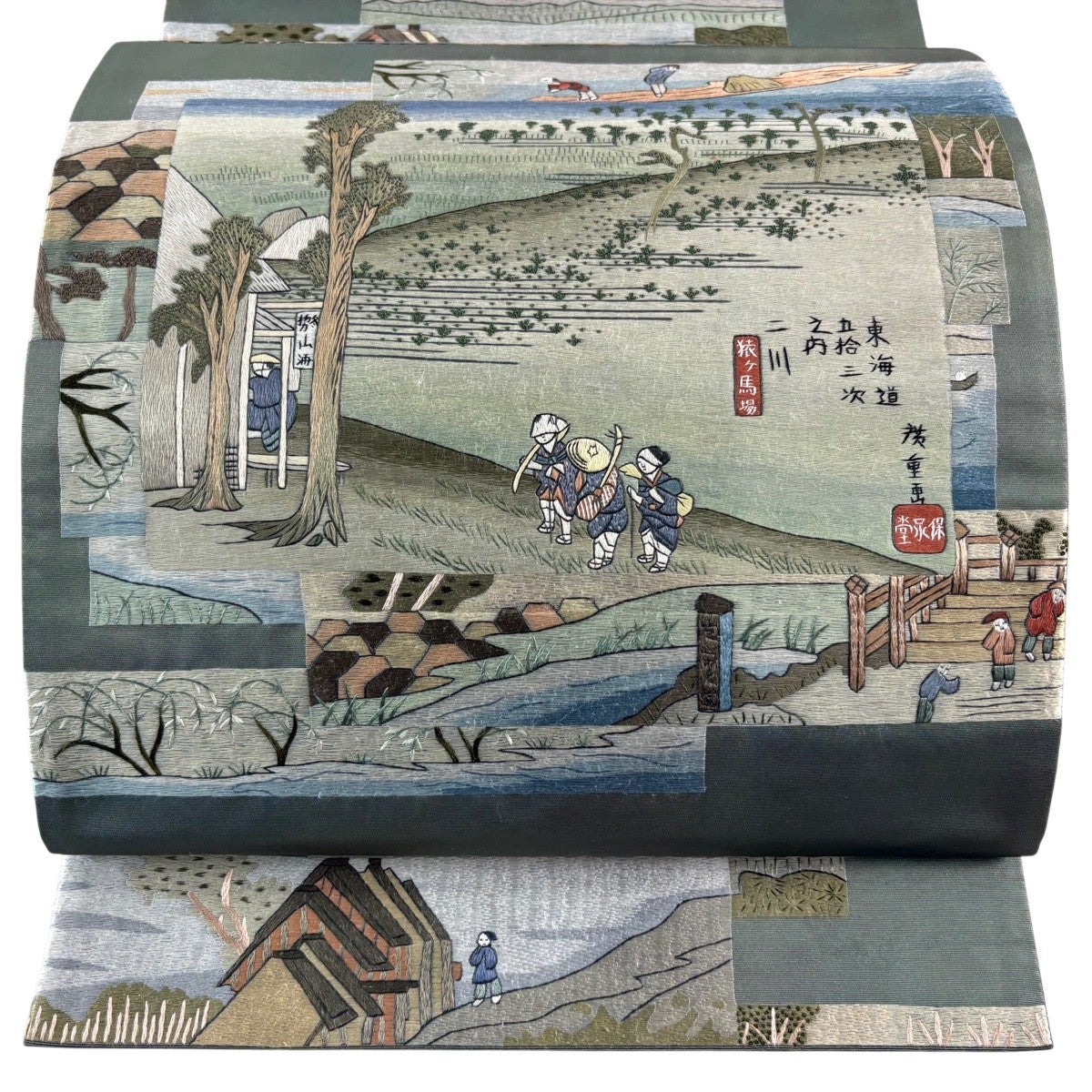 美品】 袋帯 名品 東海道五十三次 風景 灰緑 お太鼓柄 正絹｜中古