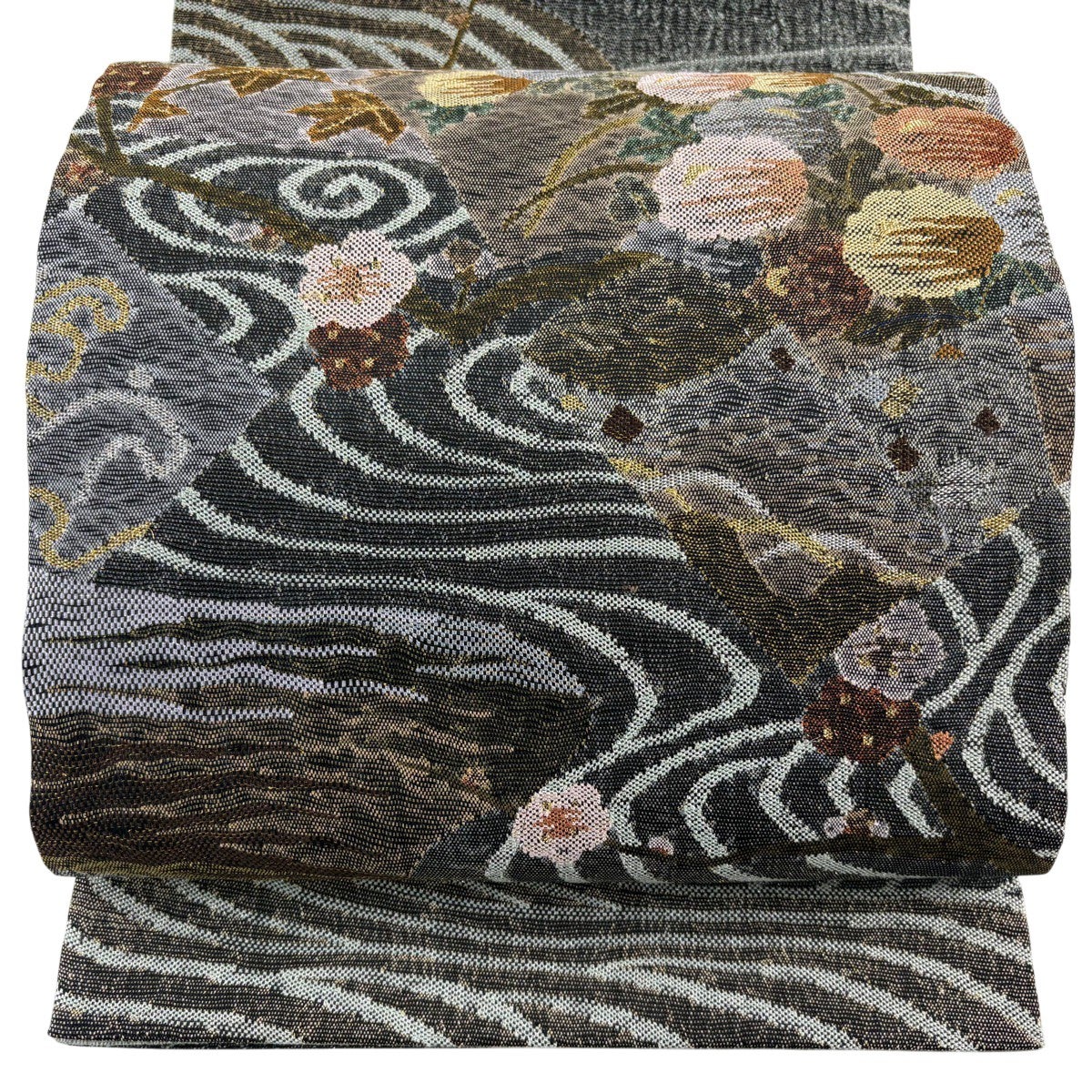 美品】 袋帯 名品 草花 流水 金銀糸 深緑 お太鼓柄 正絹｜中古・古着