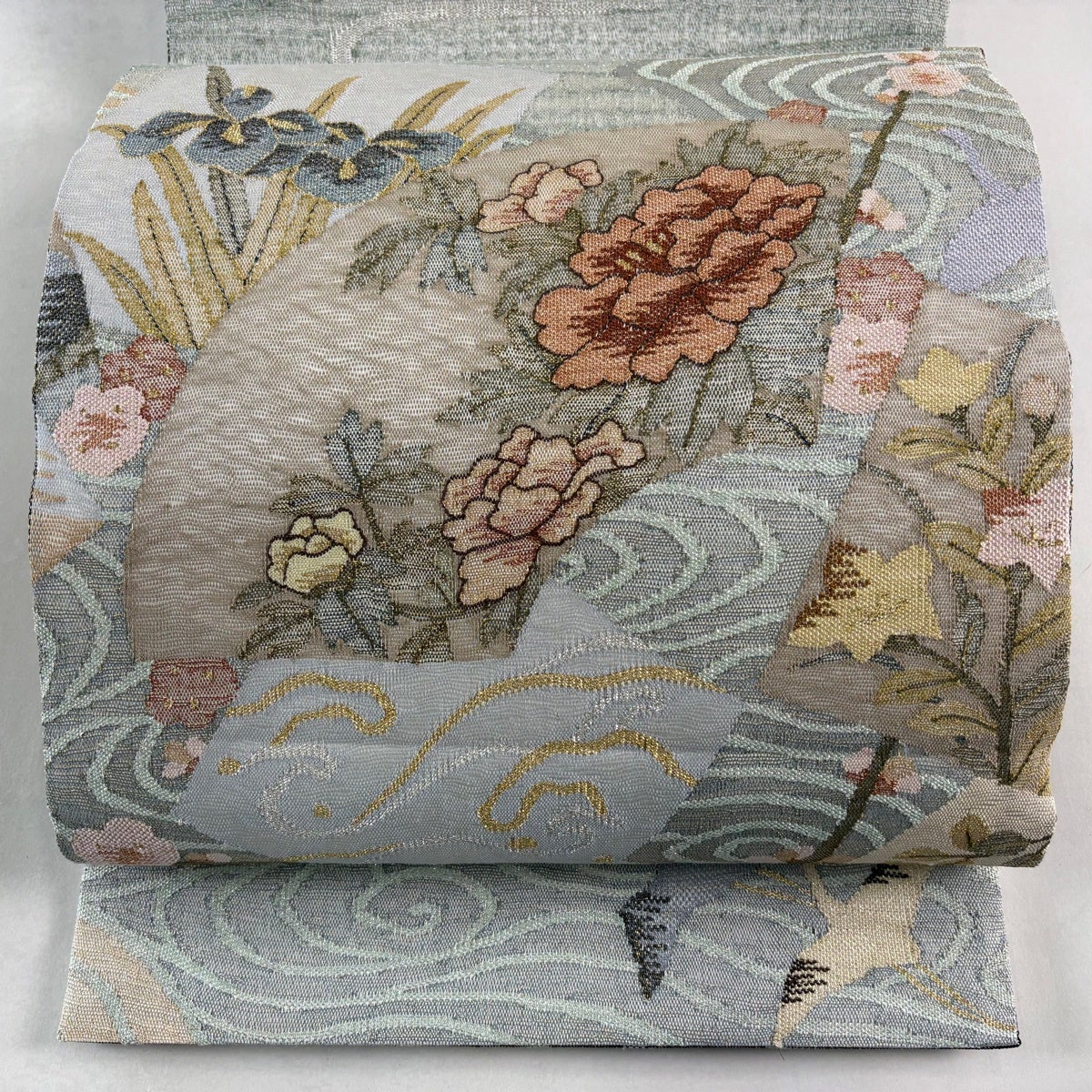美品】 袋帯 名品 草花 流水 金銀糸 深緑 お太鼓柄 正絹｜中古・古着