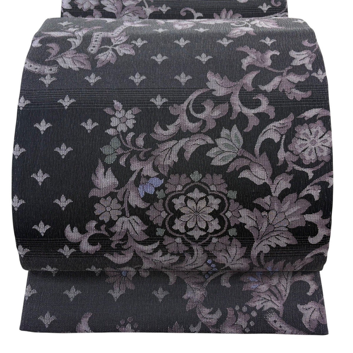 袋帯　桜　唐草　立涌　銀糸　華やか　着物　013a d 美品】 袋帯 名品 やまと 華文 花唐草 銀糸 墨色 全通 正絹｜中古