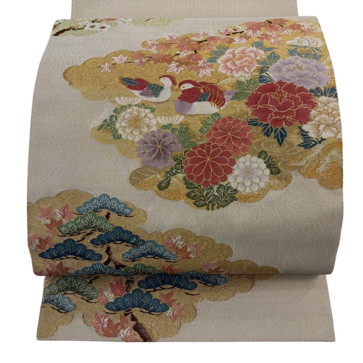 美品】 袋帯 逸品 鴛鴦 草花 金糸 金通し ベージュ お太鼓柄 正絹
