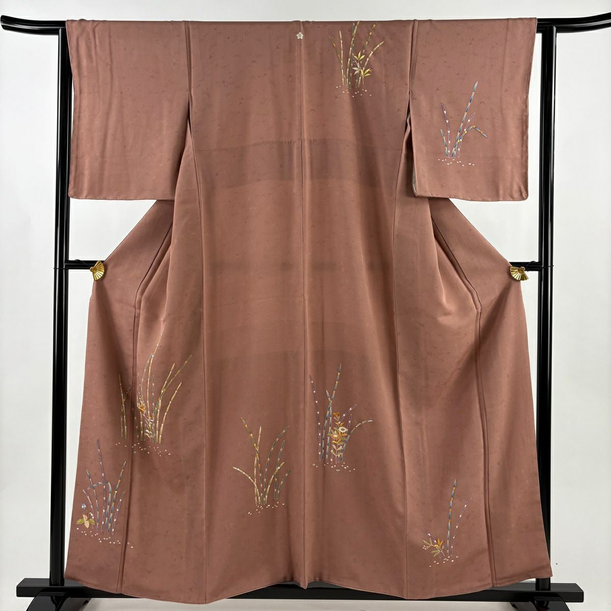付下げ 身丈158cm 裄丈67cm M 袷 建物 樹木 刺繍 金糸 青灰色 正絹 秀品 一つ紋 【中古】 付下げ M 袷 証紙あり 竹 ブルー（種類（着物）付下げ）（着物｜和服