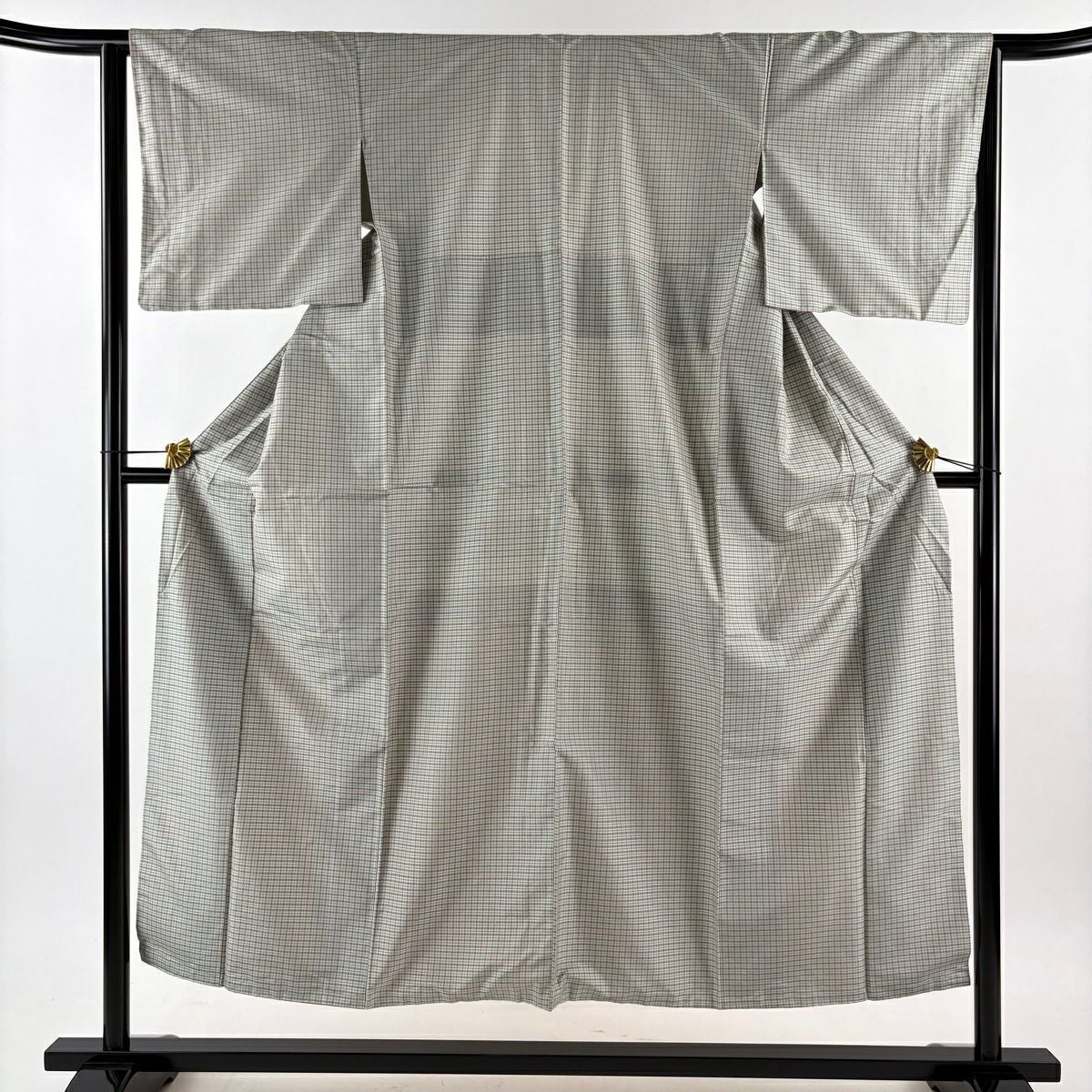 美品】 紬 身丈153.5cm 裄丈63.5cm S 袷 格子 幾何学 深緑 正絹 優品