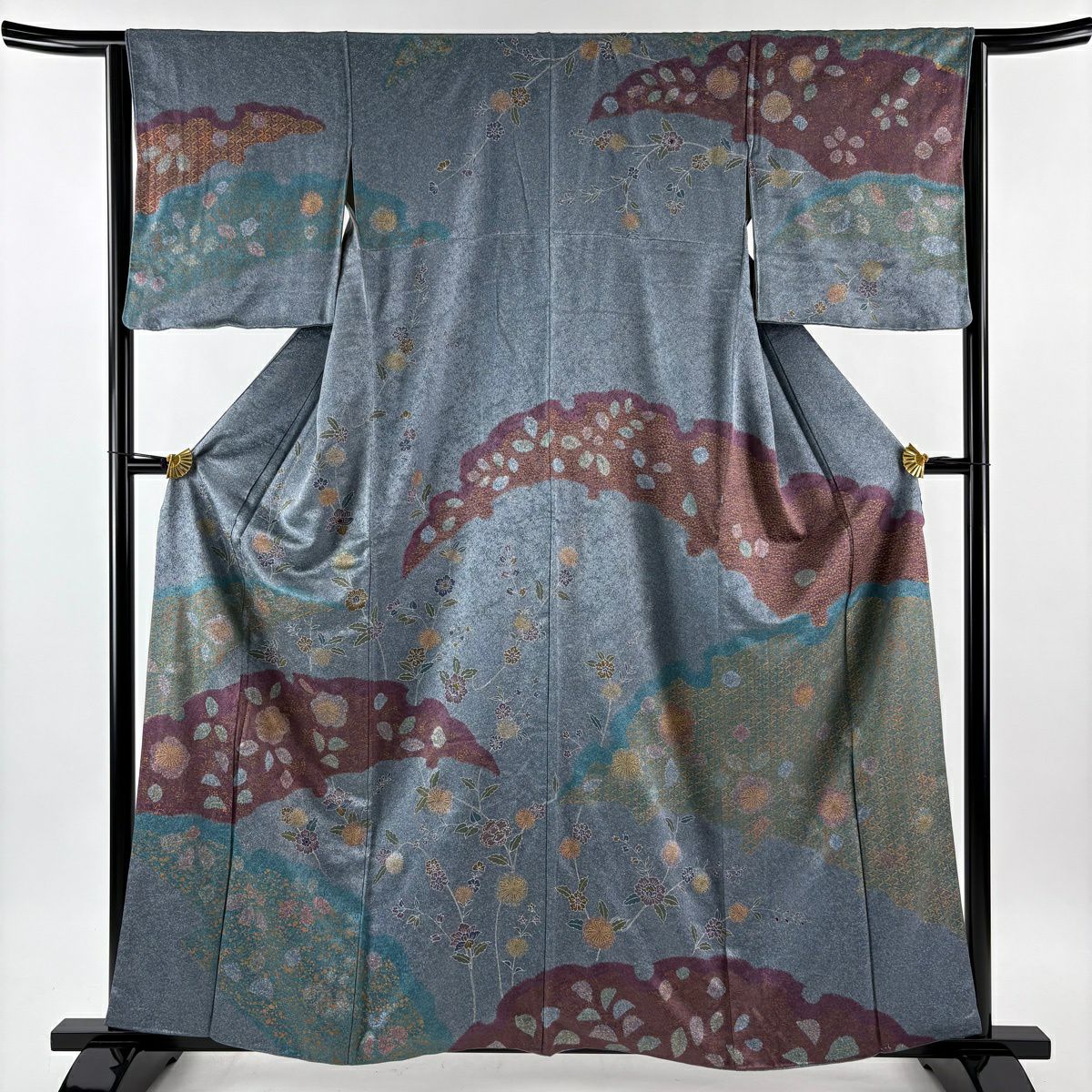 訪問着 身丈156cm 裄丈64cm M 袷 鳥 枝花 金彩 ぼかし 青緑 正絹 秀品