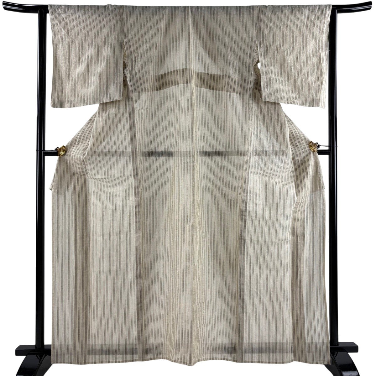 紬 身丈162.5cm 裄丈64cm M 薄物 夏紬 縦縞 ベージュ 麻 名品｜中古