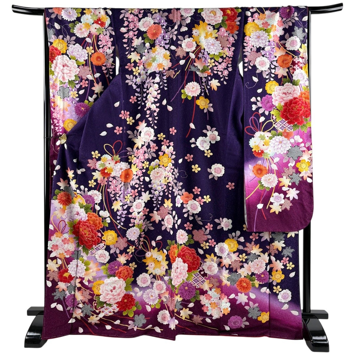 【トール】 振袖 フルセット 身丈172 裄68.5 紫 刺繍衿 金彩 成人式 美品】 振袖 身丈172cm 裄丈67cm M 袷 牡丹 薬玉 金糸 銀通し 紫 正絹