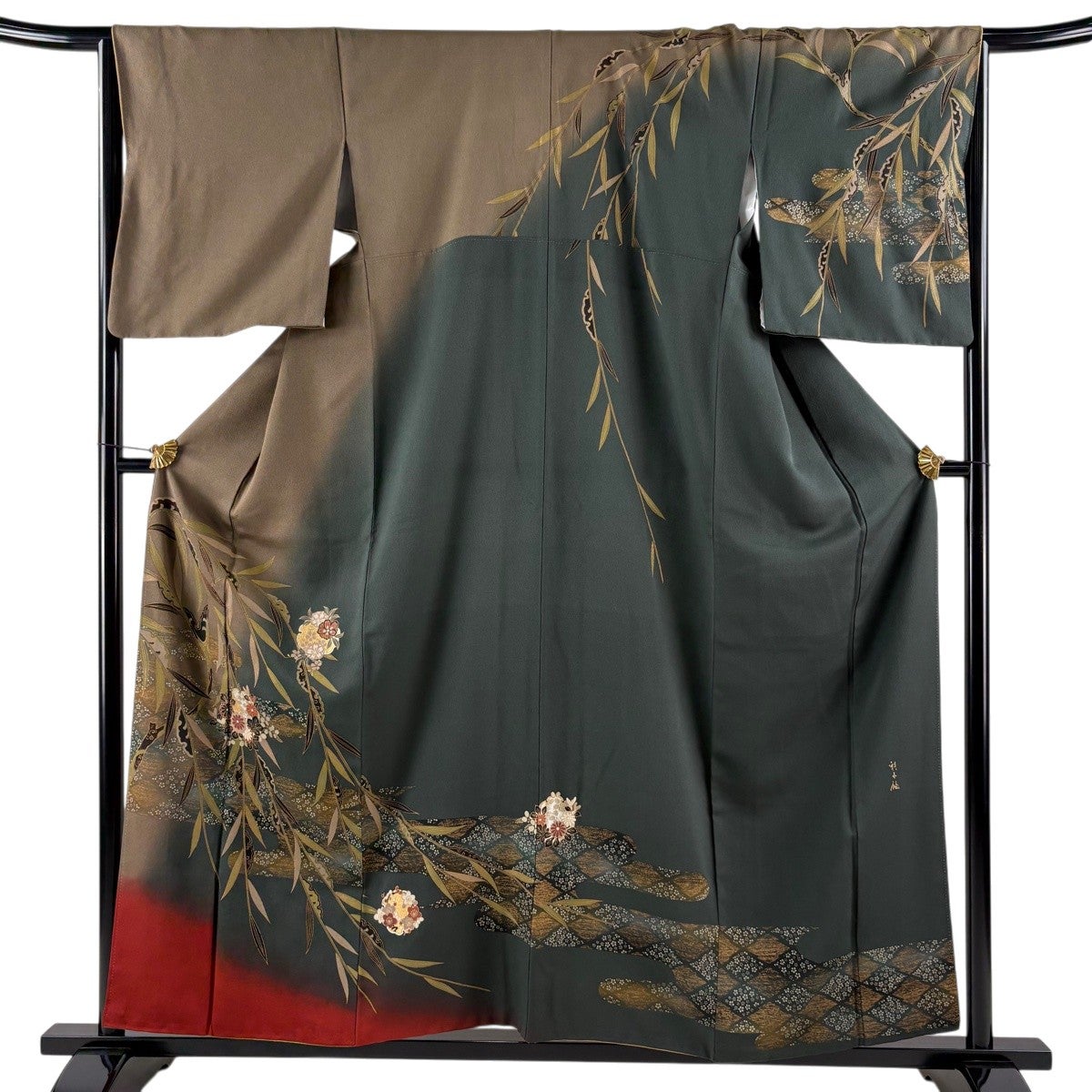 訪問着 身丈157.5cm 裄丈66cm M 袷 花丸文 柳 金銀彩 茶色 正絹 秀品