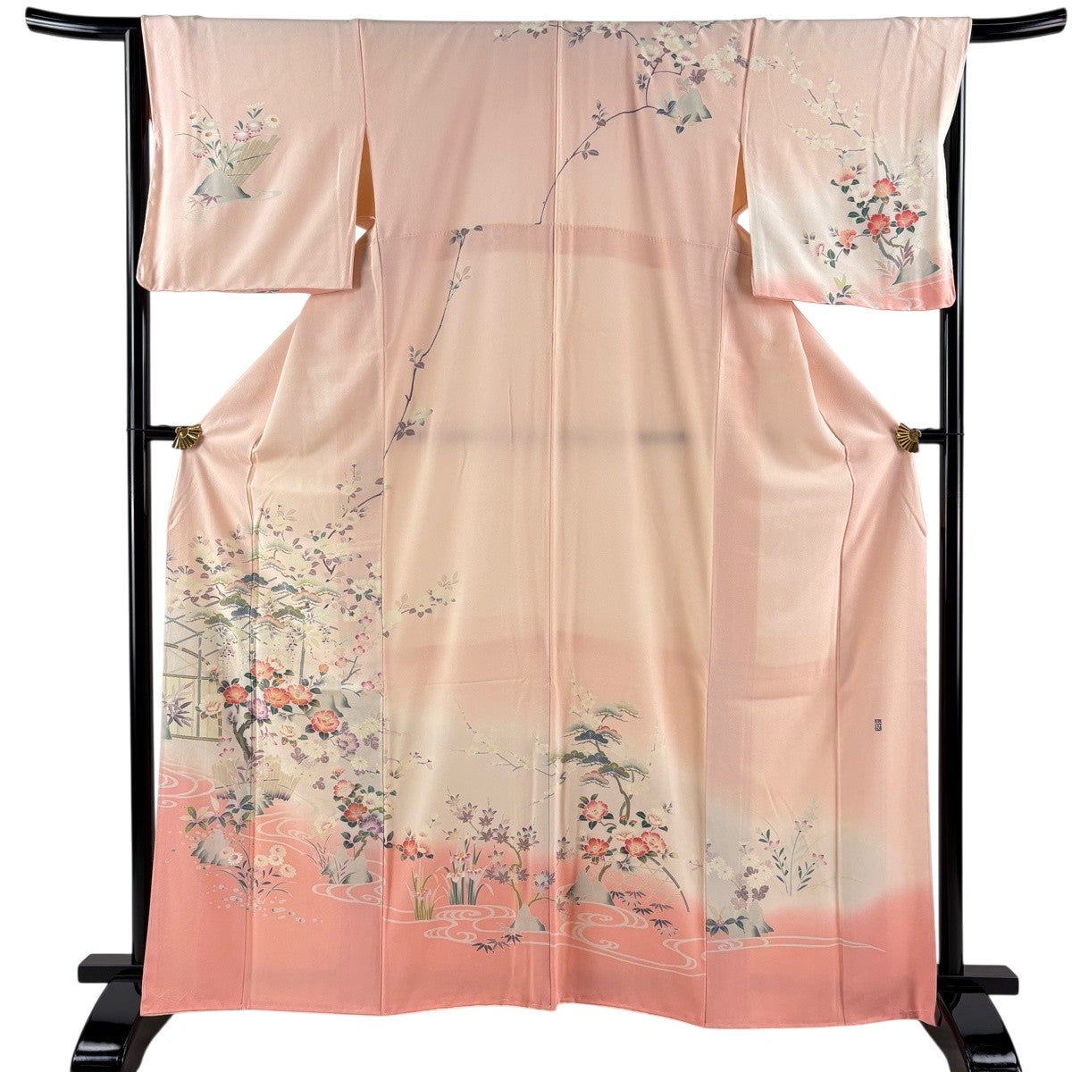 訪問着 身丈161.5cm 裄丈64.5cm M 袷 落款あり 若松 流水 染め分け