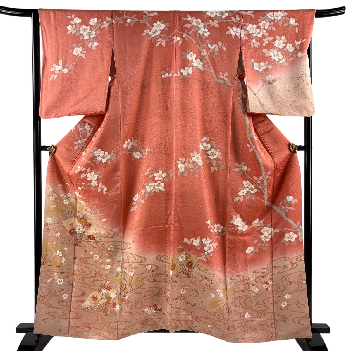訪問着 身丈158cm 裄丈65cm M 袷 松 波 金糸 絞り 黒 正絹 秀品 一つ紋