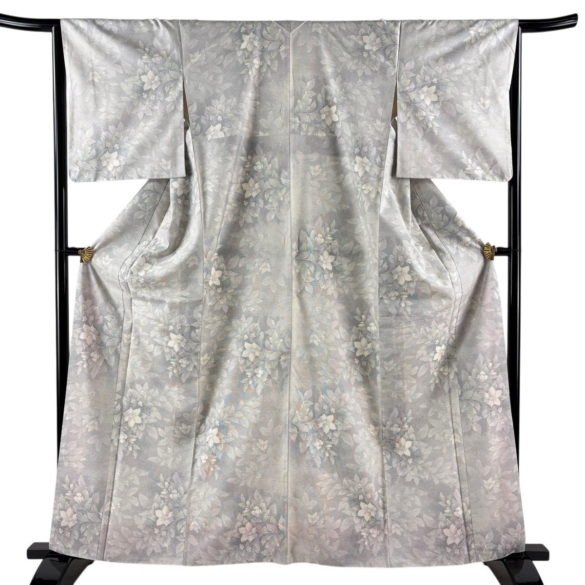 紬 身丈162.5cm 裄丈65cm M 袷 草花 灰白 正絹 秀品｜中古・古着