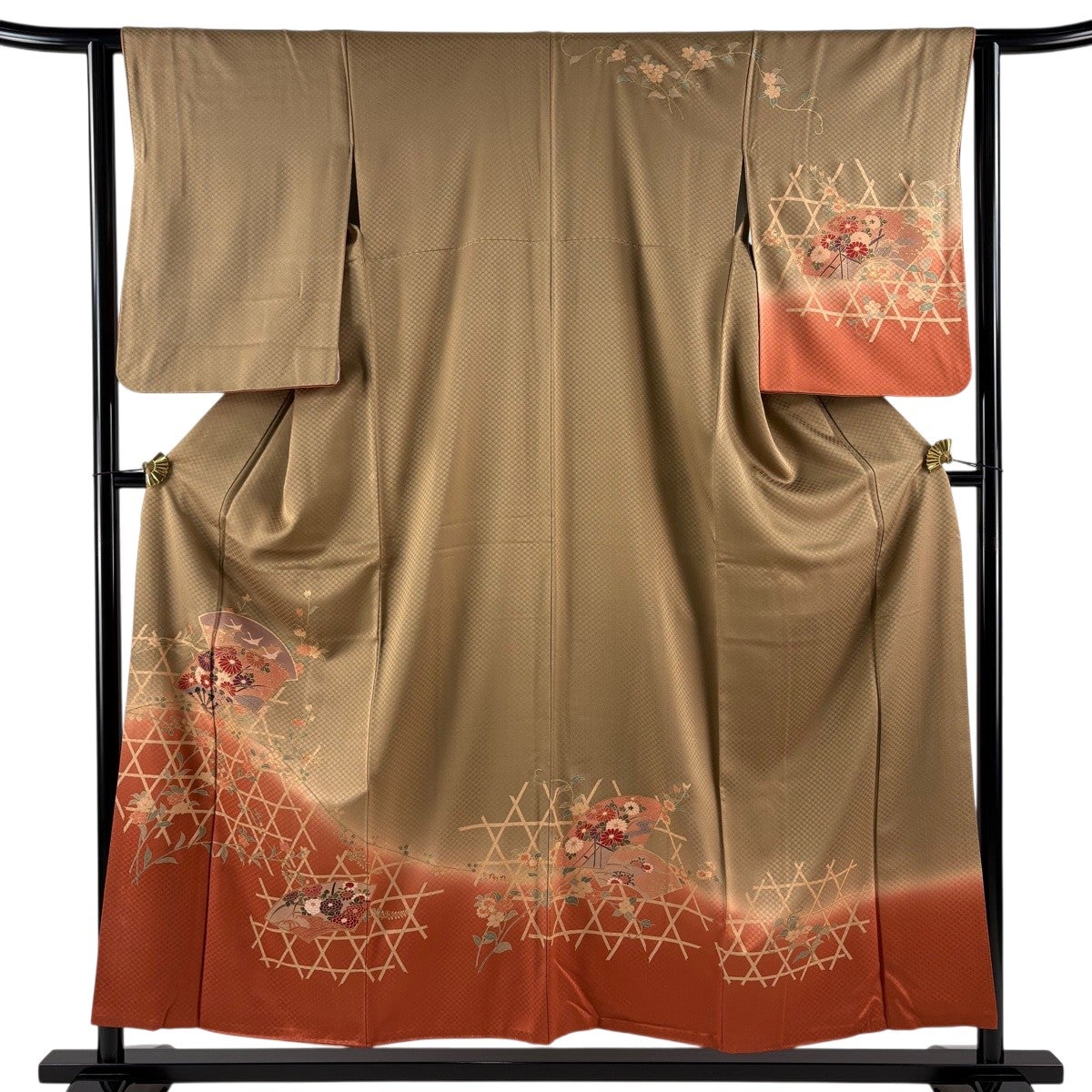 訪問着 身丈156cm 裄丈62.5cm S 袷 扇面 草花 金彩 染め分け 茶色 正絹