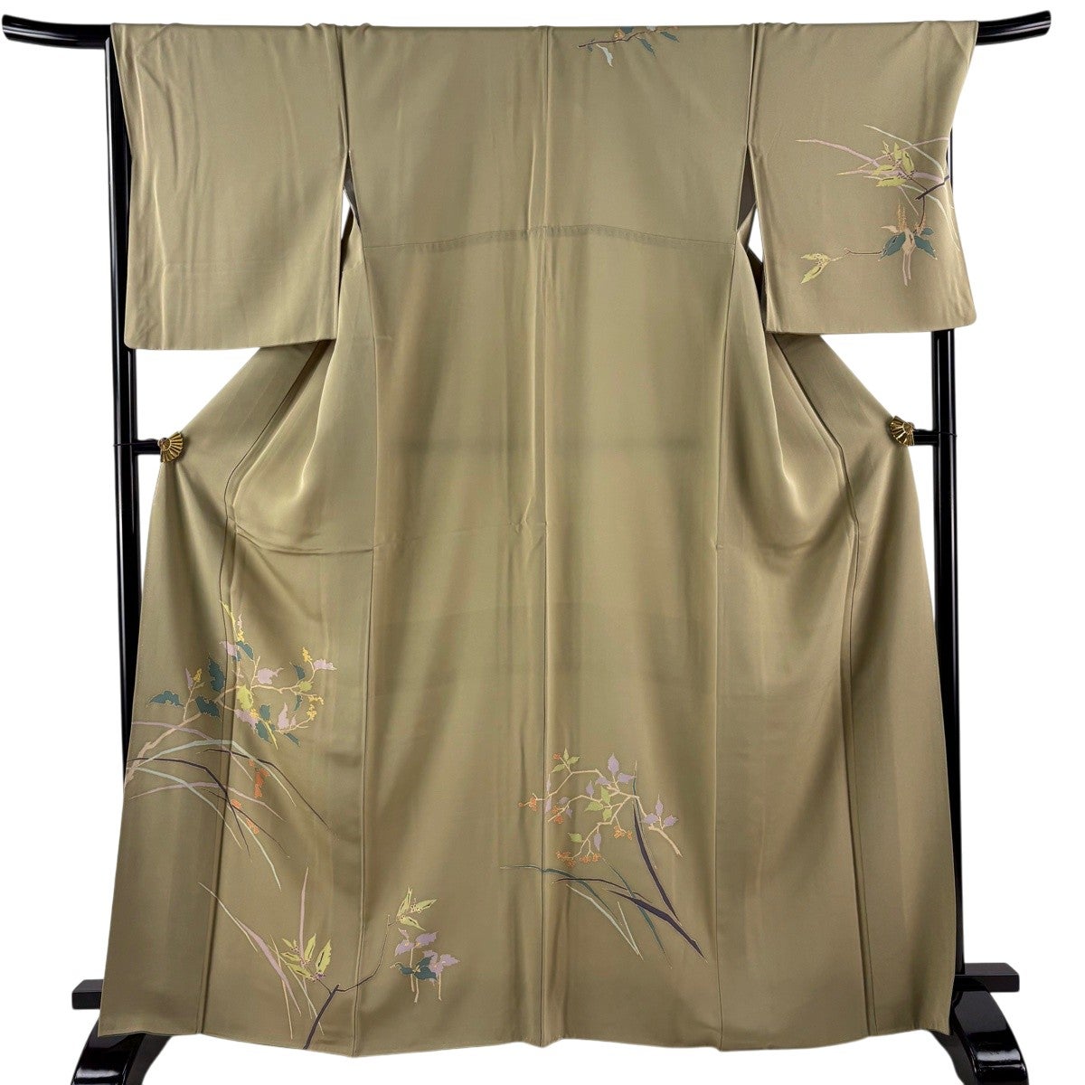 付下げ 身丈166.5cm 裄丈68.5cm L 袷 伊と幸 草花 金彩 鶯色 正絹 秀品
