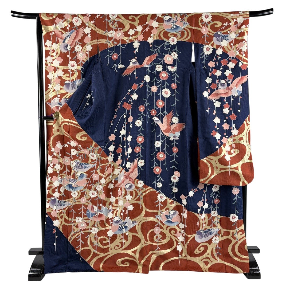 振袖 身丈171cm 裄丈66.5cm M 袷 鴛鴦 菊 紺色 正絹 秀品｜中古・古着