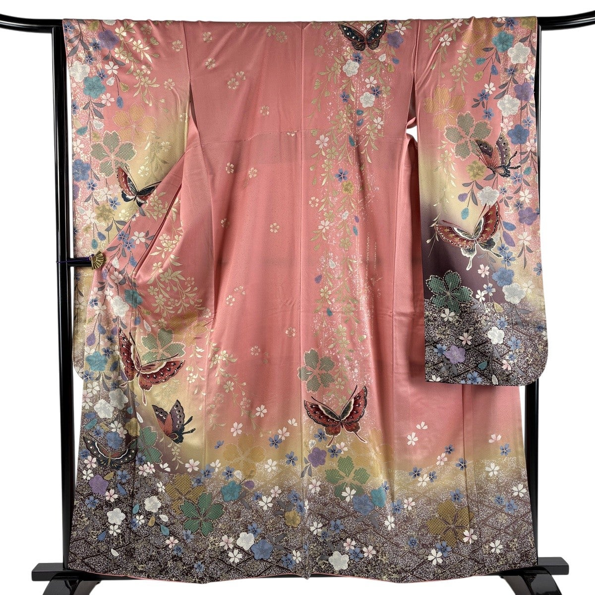 振袖 身丈160cm 裄丈65cm M 袷 蝶 枝垂れ桜 金彩 染め分け サーモン