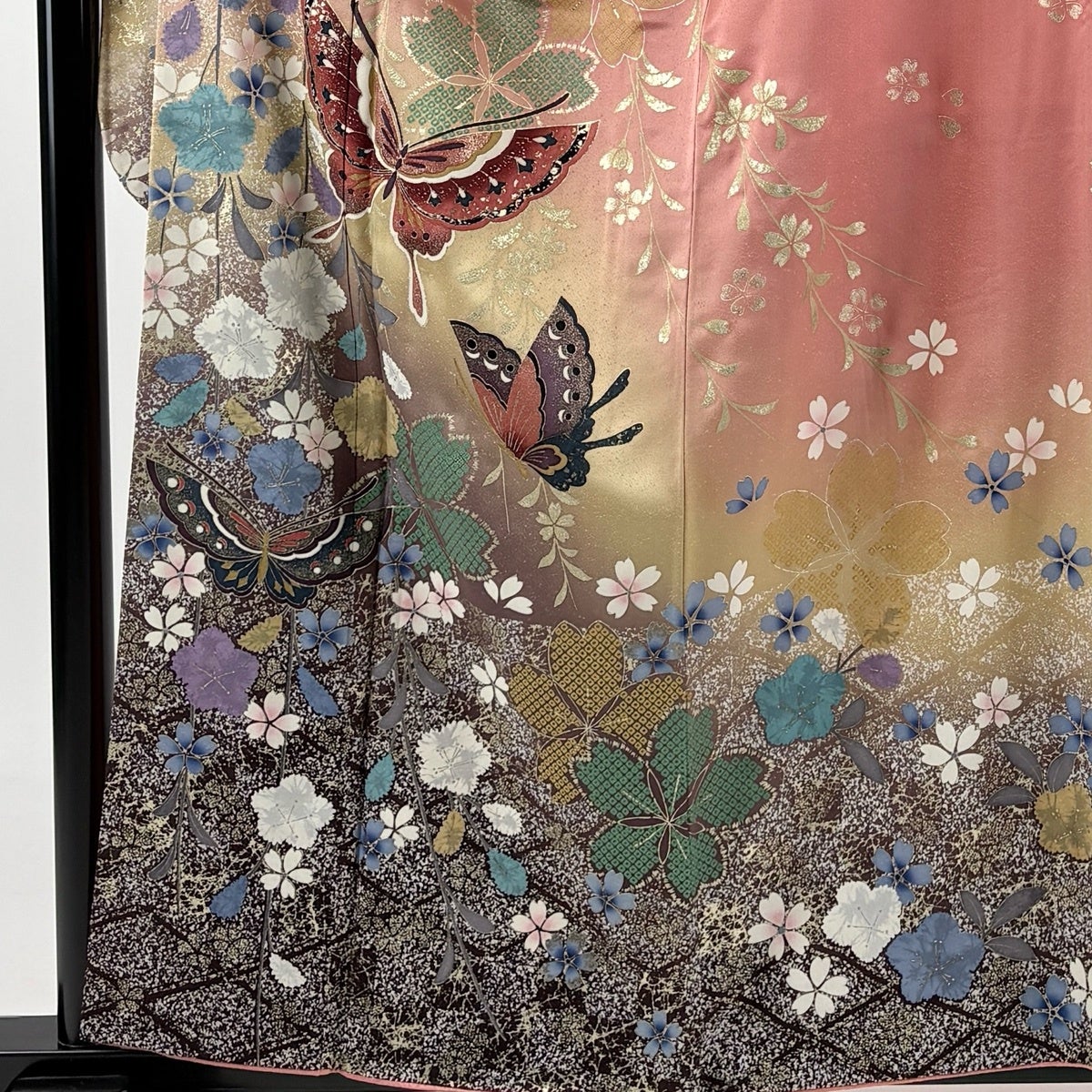 振袖 身丈160cm 裄丈65cm M 袷 蝶 枝垂れ桜 金彩 染め分け サーモン