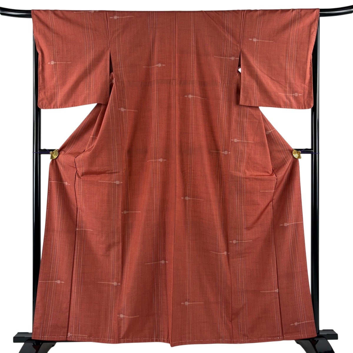 美品】 紬 身丈165cm 裄丈66cm M 単衣 縦縞 幾何学 ピンクベージュ
