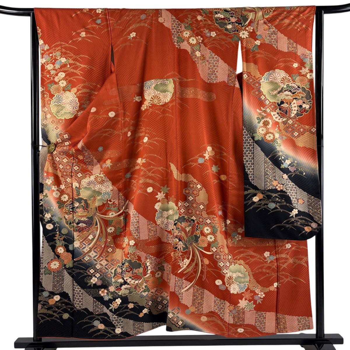 振袖 身丈155cm 裄丈65cm M 袷 鳳凰 草花 金糸 金彩 赤茶 正絹 秀品