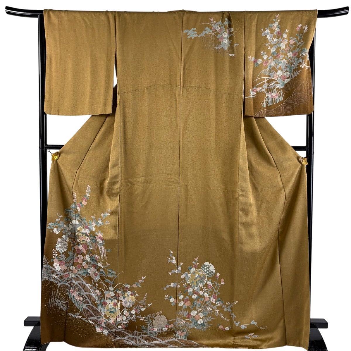 美品】 訪問着 身丈169cm 裄丈68cm L 袷 雪輪 草花 金銀彩 ぼかし 茶色
