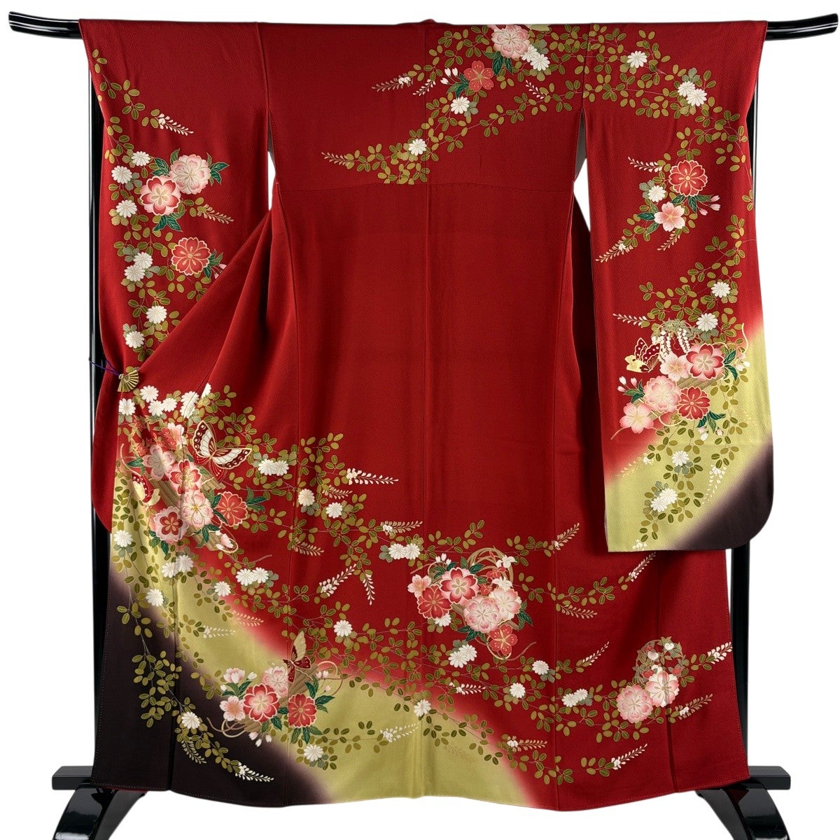 振袖 身丈161cm 裄丈68cm L 袷 花筏 蝶 金糸 金彩 赤 正絹 秀品｜中古