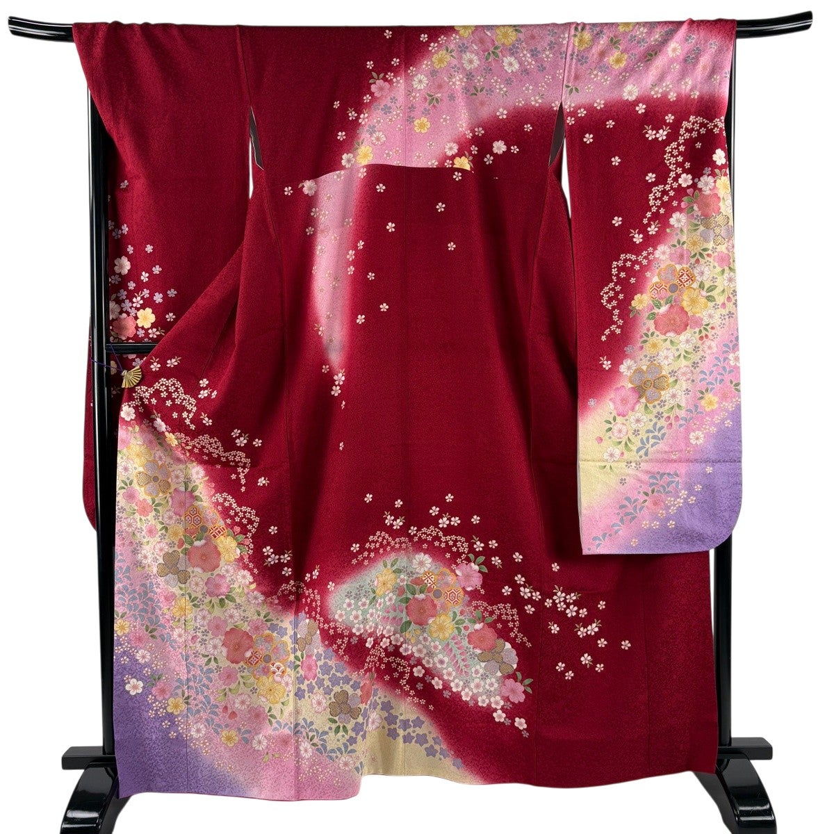美品】 振袖 身丈163.5cm 裄丈68.5cm L 袷 桜 有職文様 金彩 染分け 赤
