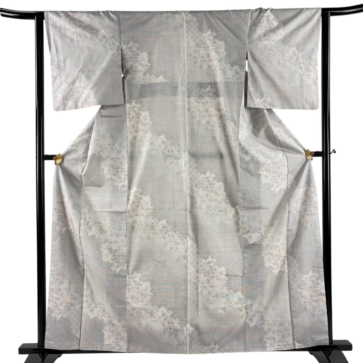 紬 身丈160cm 裄丈64.5cm M 袷 花唐草 青海波 灰白 正絹 秀品｜中古