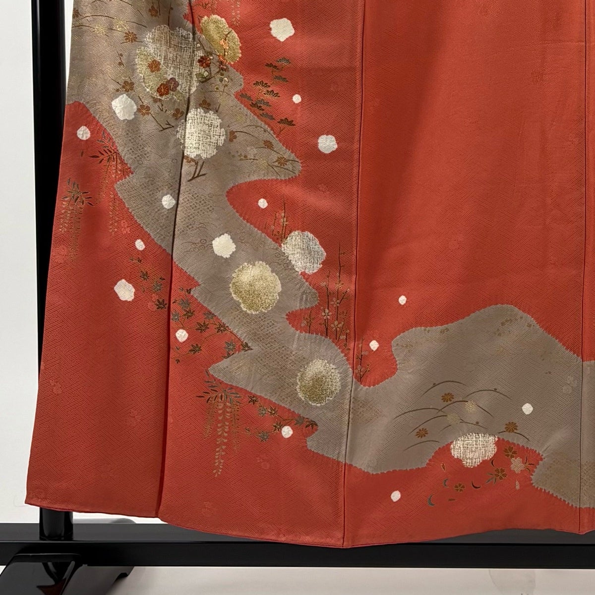 訪問着 身丈156cm 裄丈64cm M 袷 雪輪 枝梅 刺繍 金糸 サーモンピンク