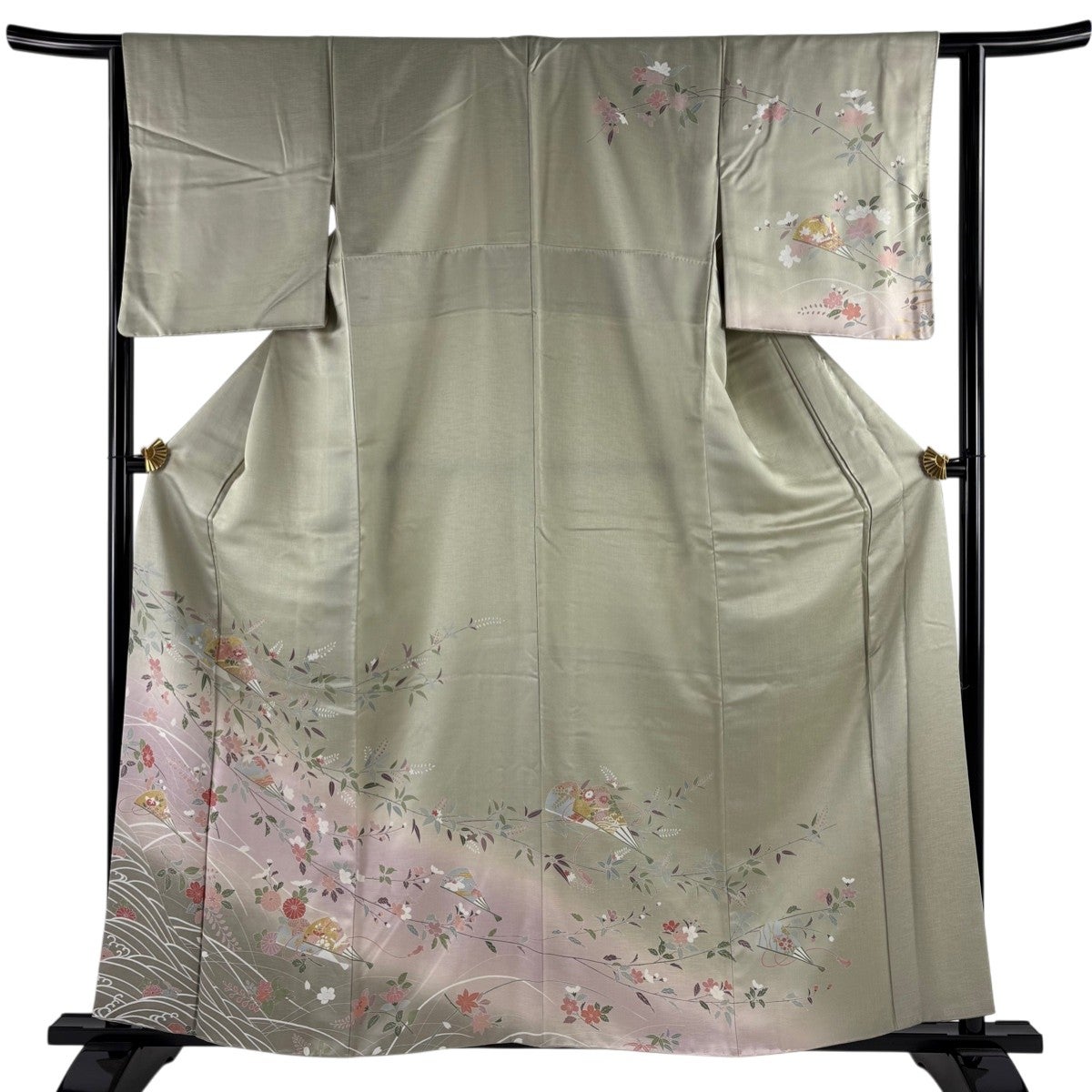 美品 着物(淡いグレー系 裄丈68) 銀座【D-3637】伝統工芸士 田島輝久作 小紋 グレー系 幾何文（落款入