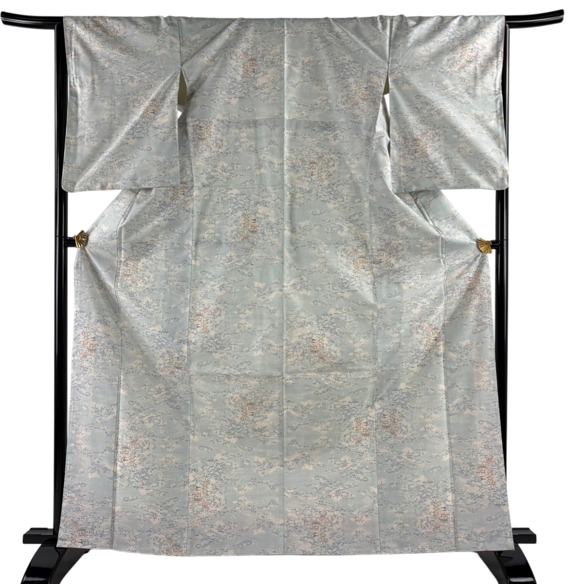 美品】 紬 身丈166cm 裄丈64cm M 単衣 菊 亀甲絣 灰茶 正絹 名品｜中古 