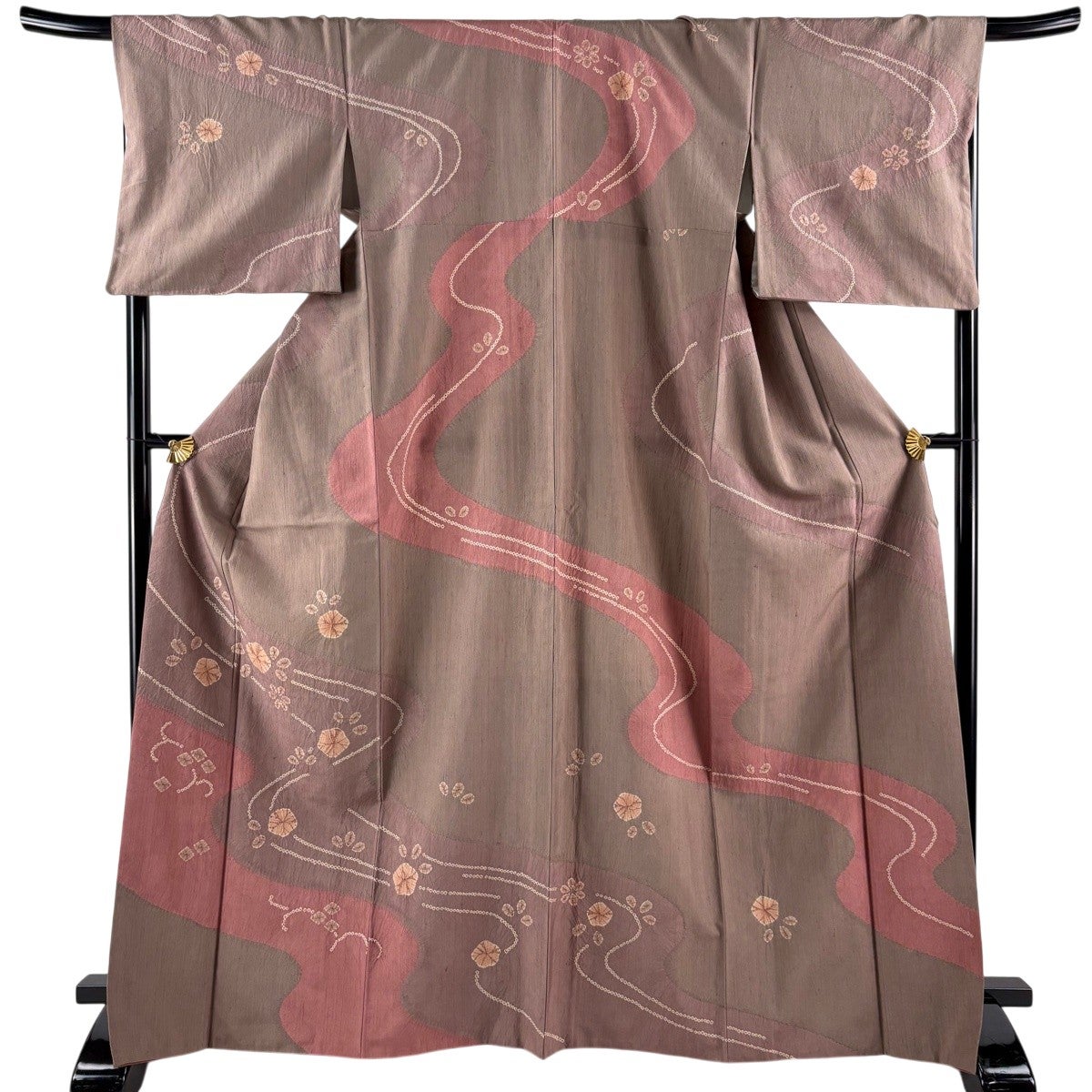 美品】 訪問着 身丈169cm 裄丈70cm L 袷 紬地 草花 流水 絞り 灰茶