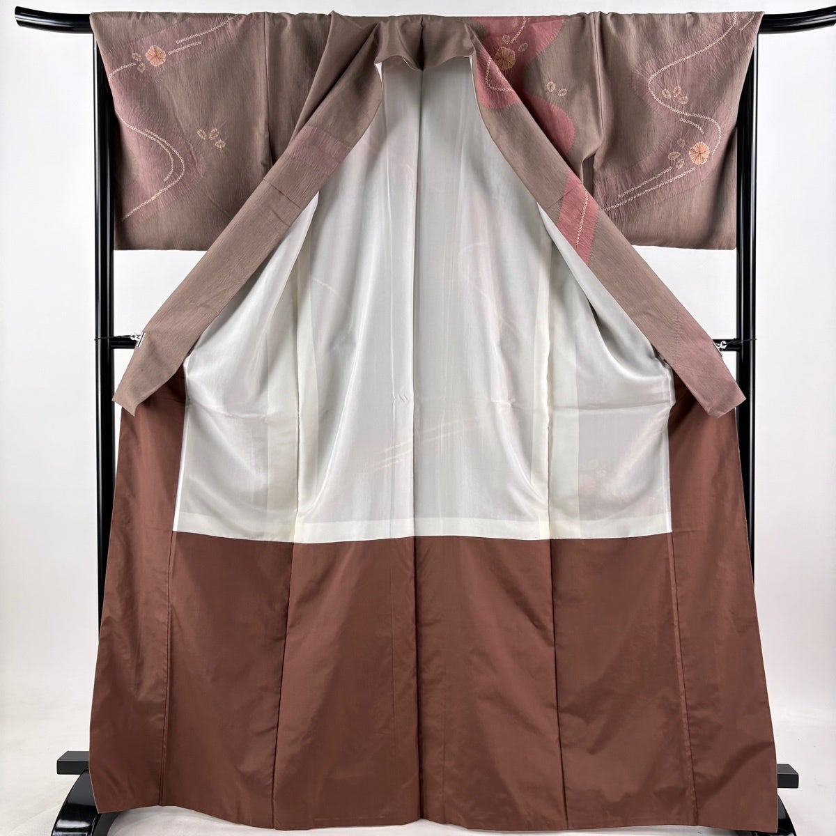 美品】 訪問着 身丈169cm 裄丈70cm L 袷 紬地 草花 流水 絞り 灰茶