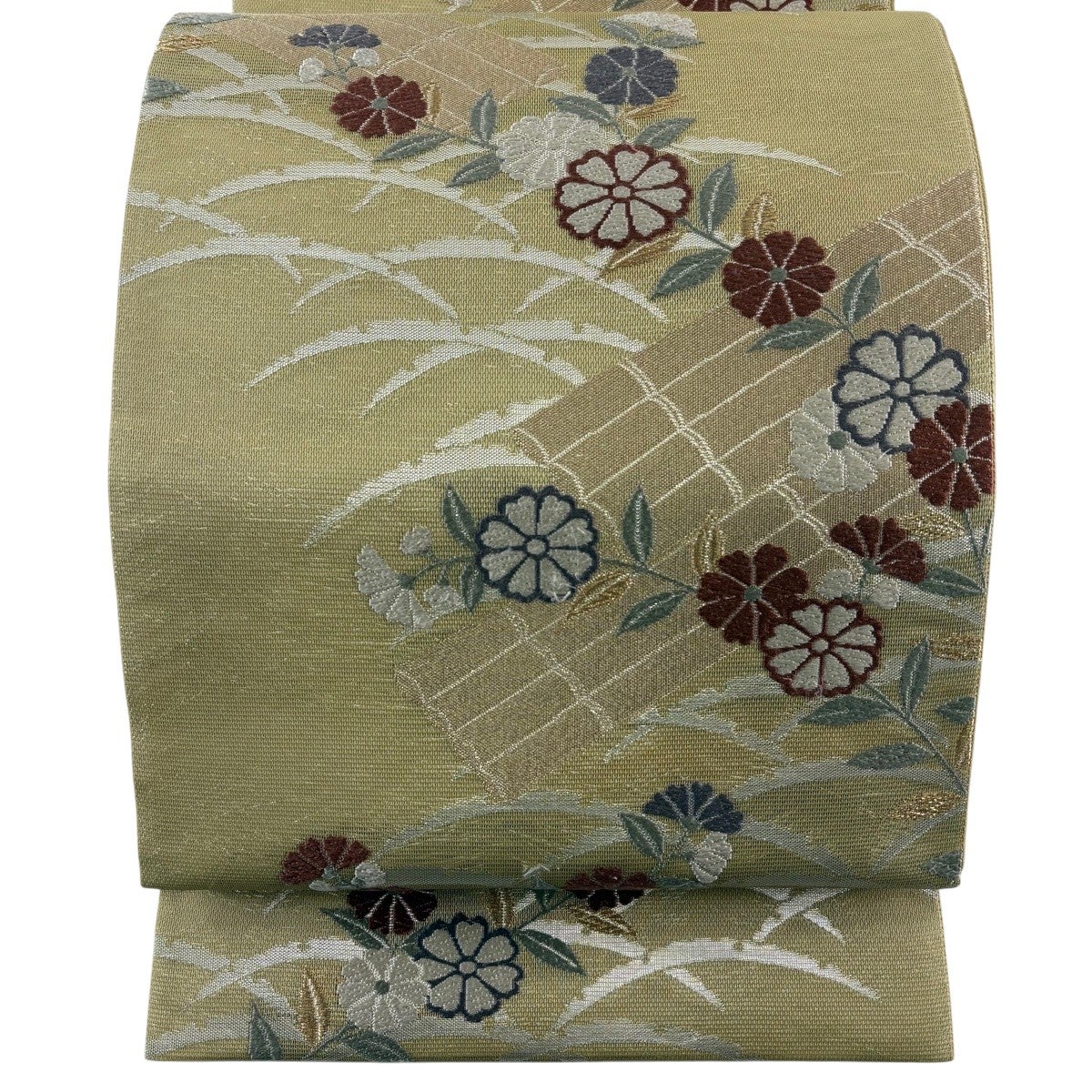 袋帯 秀品 夏帯 花筏 草花 箔 唐織 ベージュ 六通 正絹｜中古・古着
