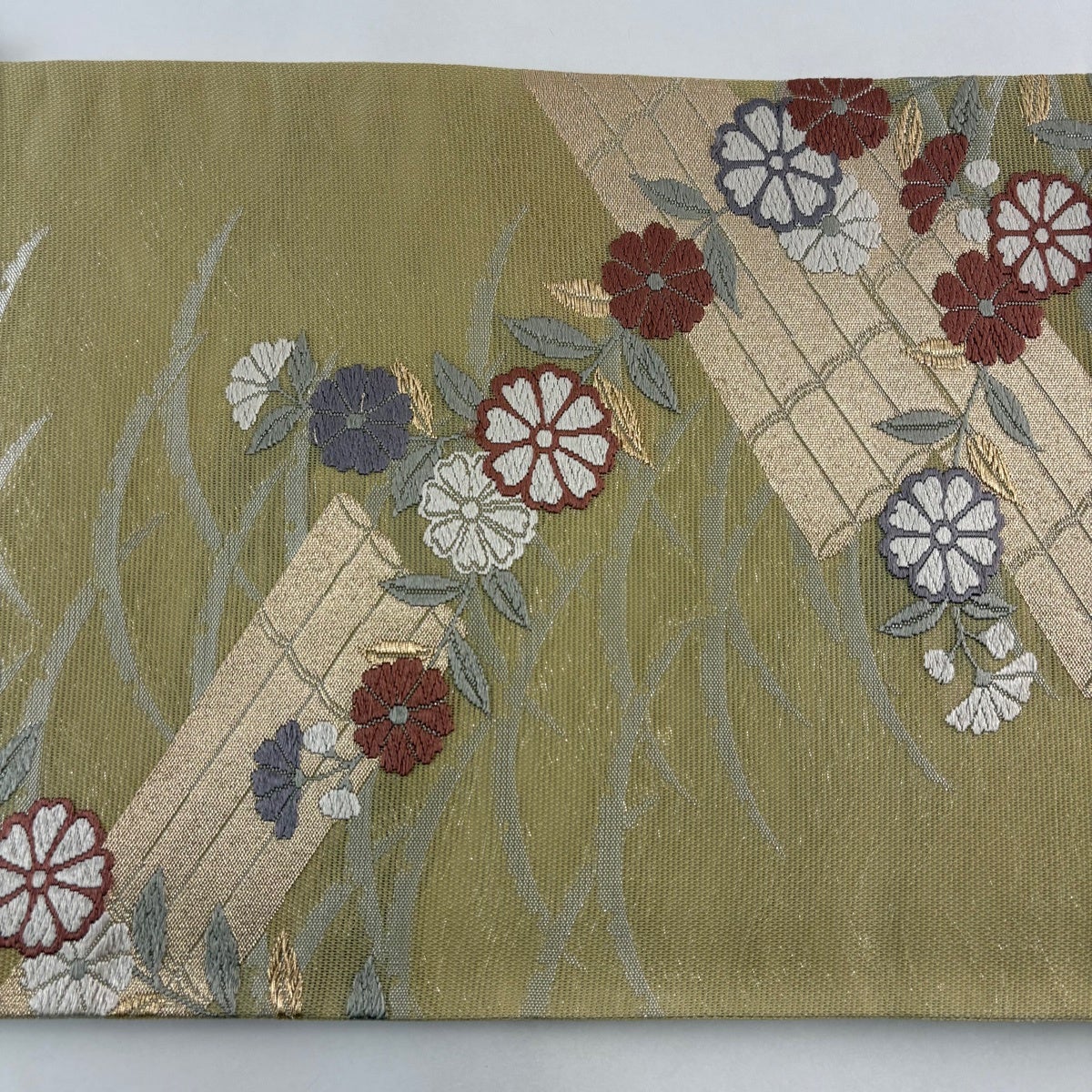 袋帯 秀品 夏帯 花筏 草花 箔 唐織 ベージュ 六通 正絹｜中古・古着