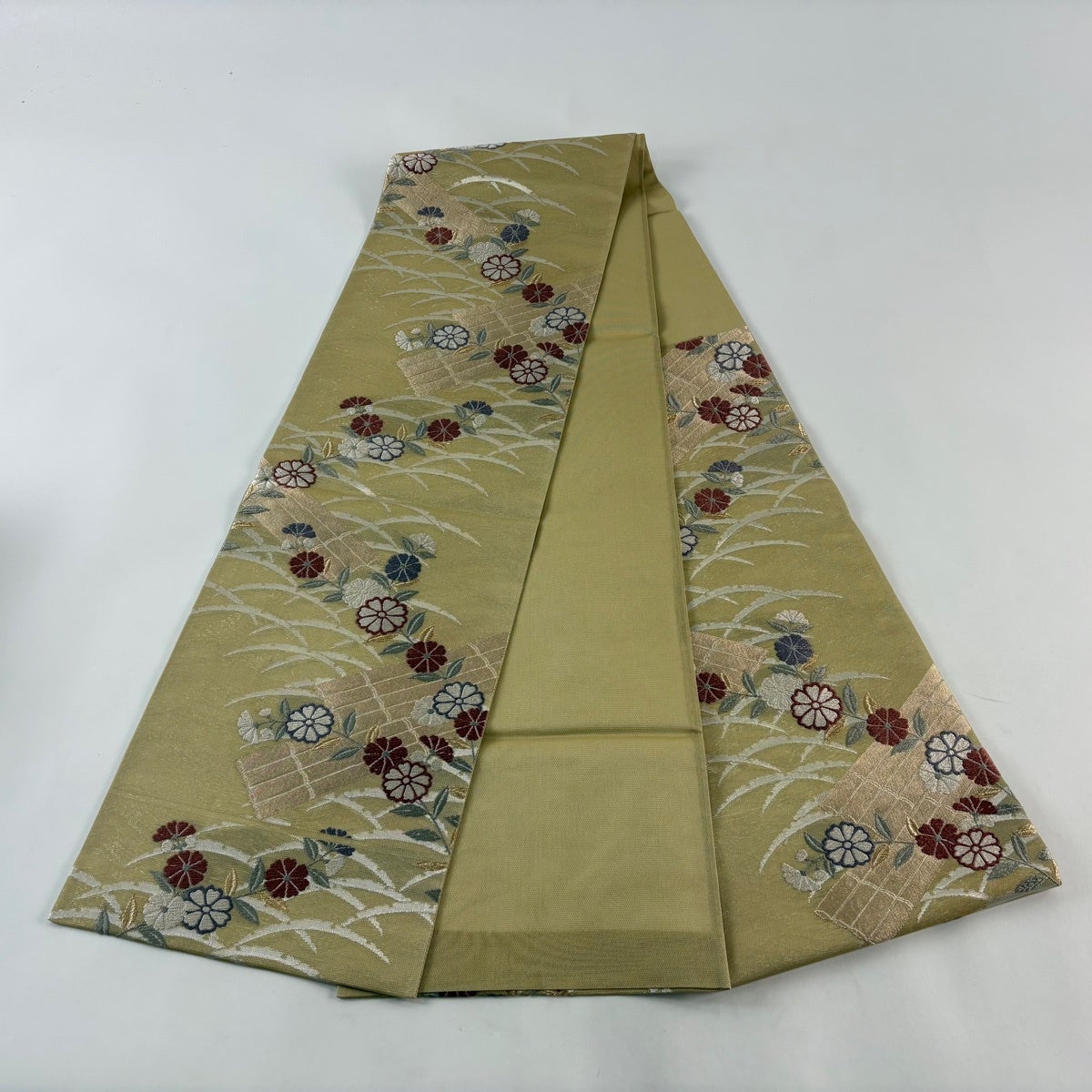 袋帯 秀品 夏帯 花筏 草花 箔 唐織 ベージュ 六通 正絹｜中古・古着