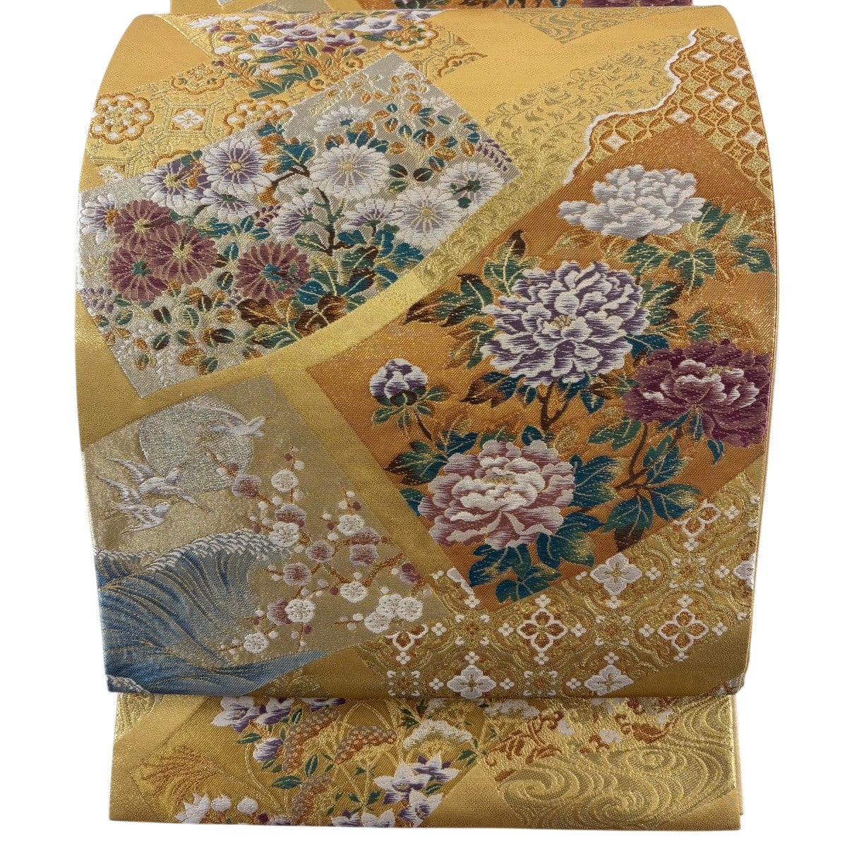 美品】 袋帯 秀品 関西仕立て 鳳凰 草花 金糸 箔 金色 六通 正絹｜中古