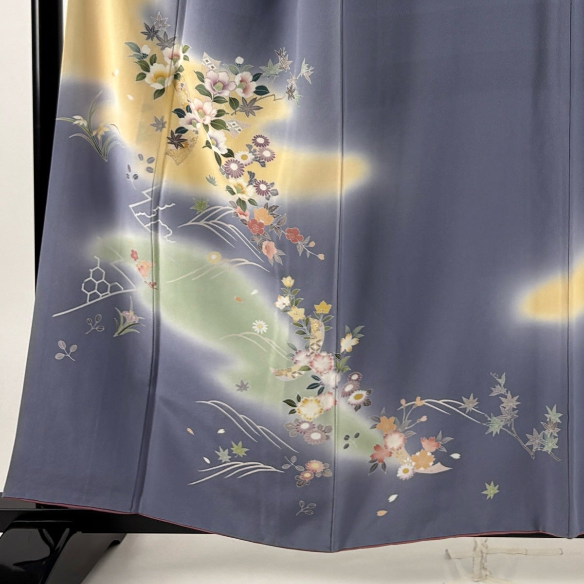付下げ 身丈158cm 裄丈66cm M 袷 草花 波 金彩 ぼかし 青灰色 正絹 秀