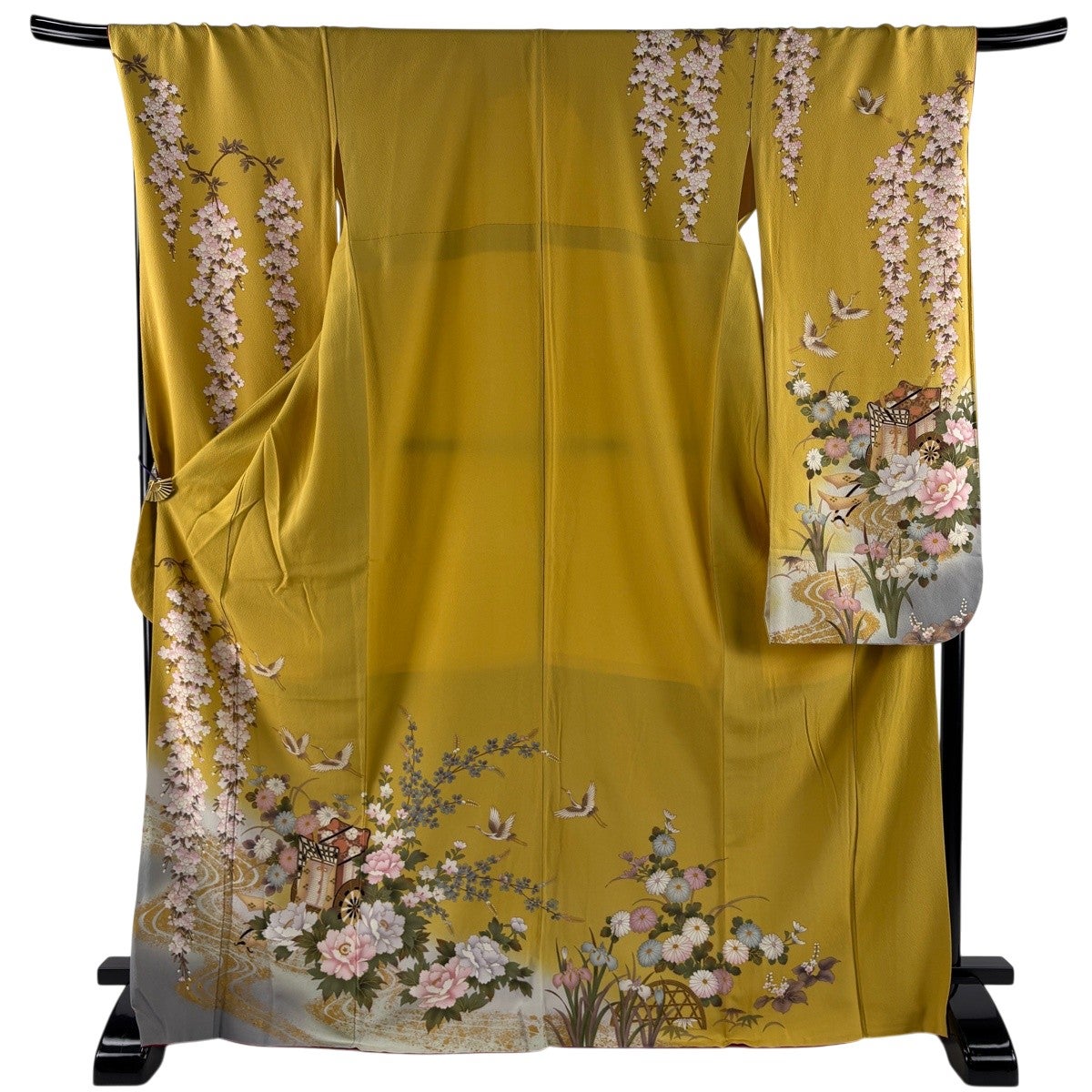 本日限定お値下げ！振袖フルセット　山吹色　身丈162.5cm　裄丈67cm 振袖 身丈170cm 裄丈69.5cm L 袷 御所車 桜 金彩 箔 山吹色 正絹 秀品