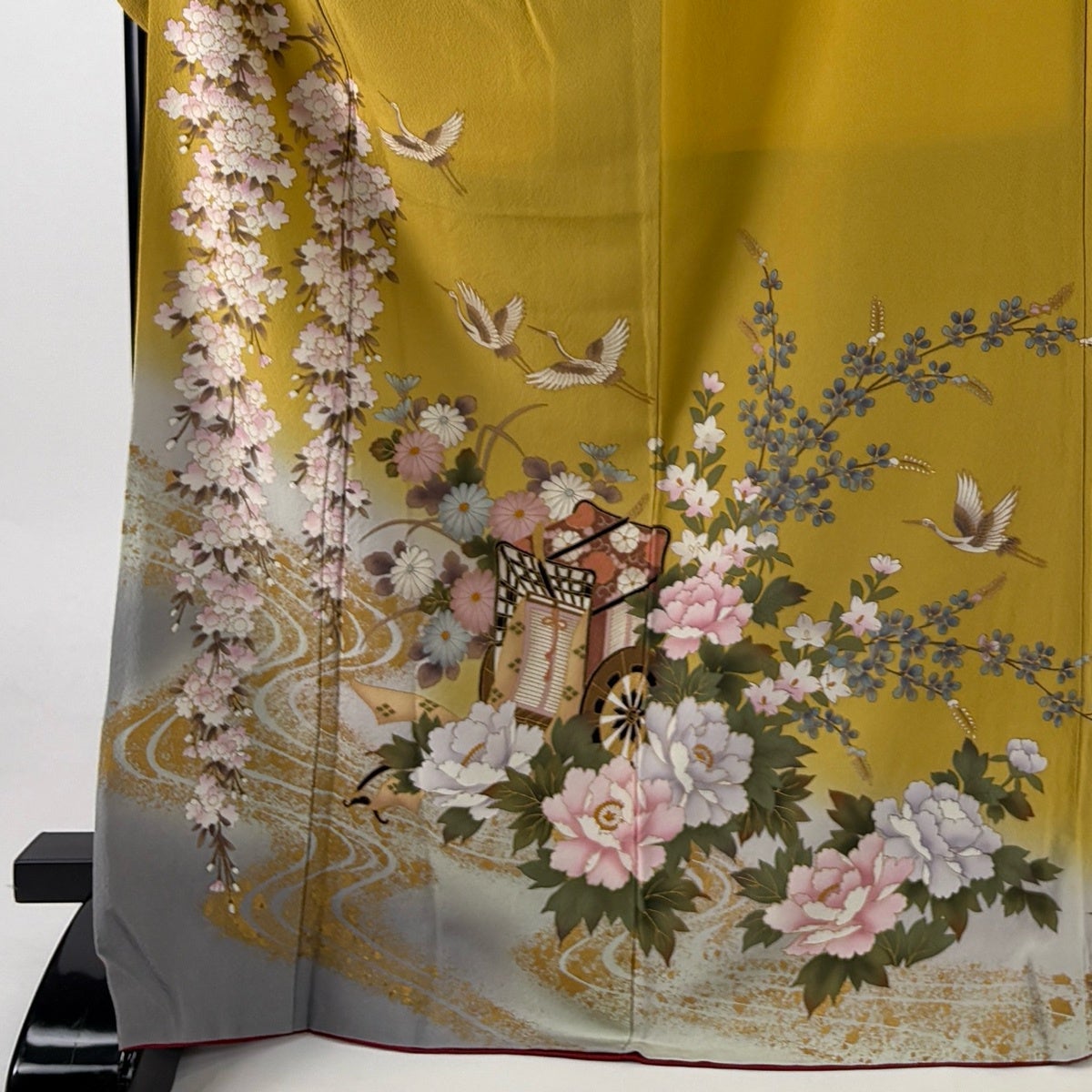 振袖 身丈170cm 裄丈69.5cm L 袷 御所車 桜 金彩 箔 山吹色 正絹 秀品