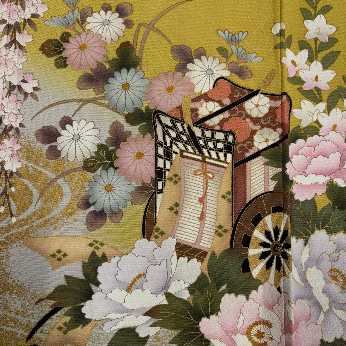 振袖 身丈170cm 裄丈69.5cm L 袷 御所車 桜 金彩 箔 山吹色 正絹 秀品