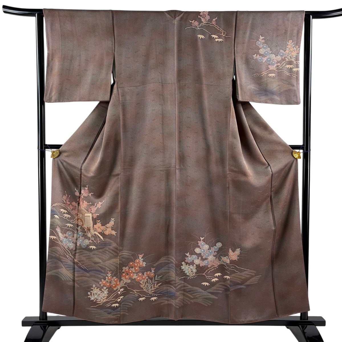 訪問着 身丈156cm 裄丈63cm S 袷 御所車 菊 ぼかし 小豆色 正絹 秀品