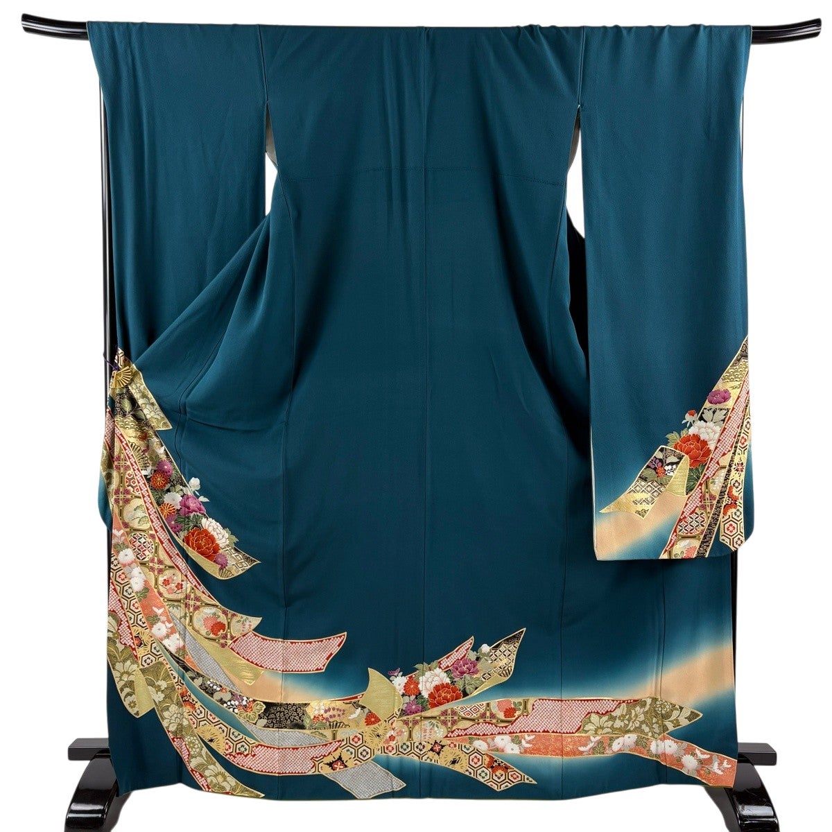 振袖 身丈164cm 裄丈67cm M 袷 二尺袖 蝶 草花 金糸 金彩 緑 正絹 秀品
