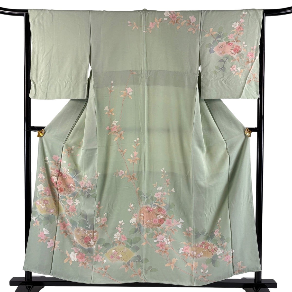 訪問着 身丈161.5cm 裄丈65.5cm M 袷 枝花 霞 金通し 黄緑色 正絹 優品