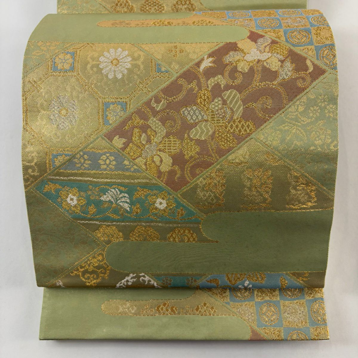 美品】 袋帯 名品 じゅらく 落款あり 華文 幾何学 金糸 箔 青紫 六通